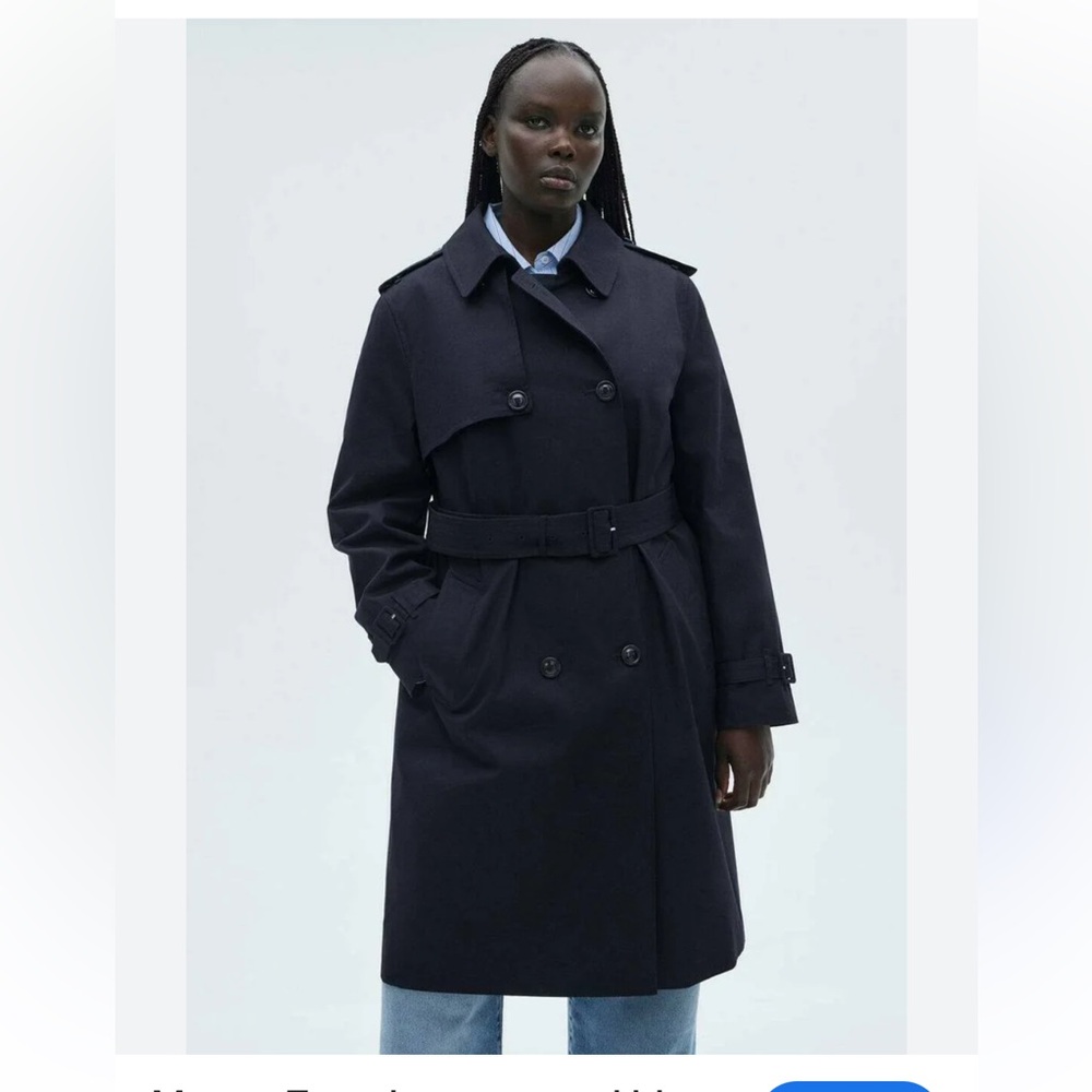 Mango MNG navy blue double-breasted water-repellent trench coat with a belt 2XL - Picture 3 of 12